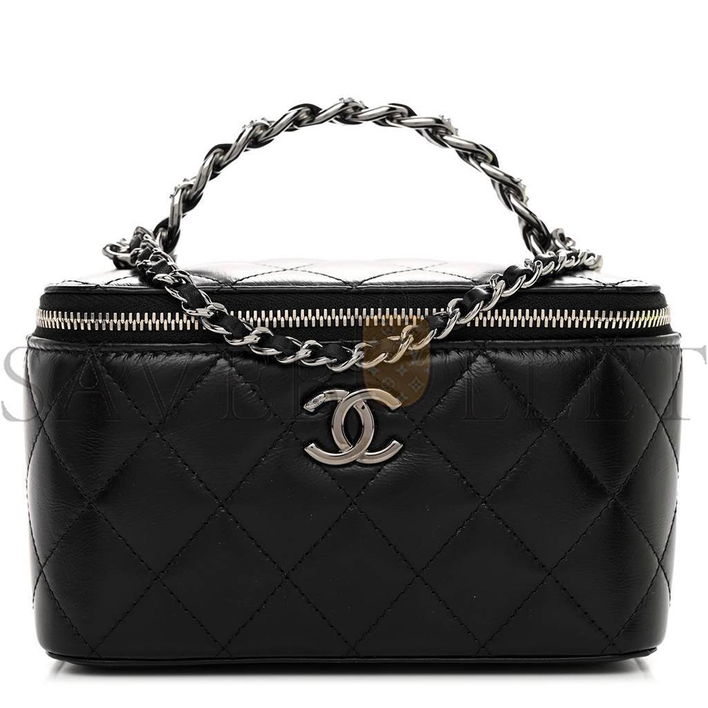 Ch*el master shiny calfskin quilted small crystal top handle vanity case with chain black a96030 (17*9.5*7.8cm)